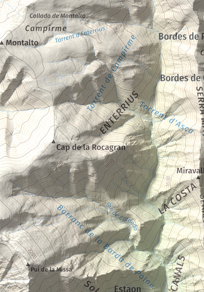 Mapa de relieve de Pui Tabaca, 1718 m, Pallars Sobirà, lámina 100 Cims de Trobart. Detalle de la zona superior izquierda. 21 × 30 cm.