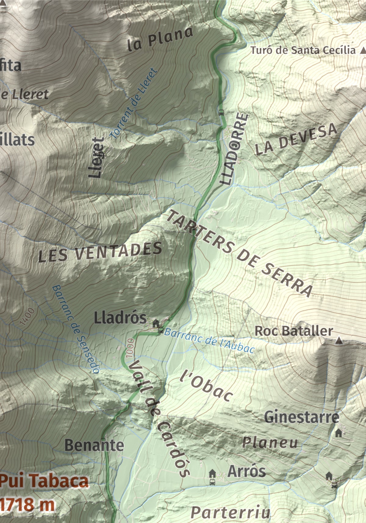 Mapa de relieve de Pui Tabaca, 1718 m, Pallars Sobirà, lámina 100 Cims de Trobart. Detalle de la zona superior derecha. 21 × 30 cm.