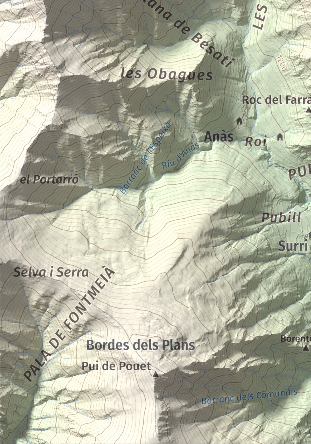 Mapa de relieve de Pui Tabaca, 1718 m, Pallars Sobirà, lámina 100 Cims de Trobart. Detalle de la zona inferior izquierda. 21 × 30 cm.