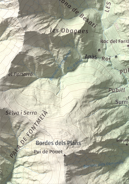 Mapa de relieve de Pui Tabaca, 1718 m, Pallars Sobirà, lámina 100 Cims de Trobart. Detalle de la zona inferior izquierda. 21 × 30 cm.