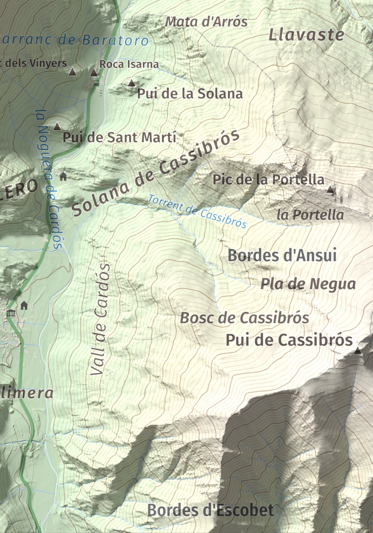 Mapa de relieve de Pui Tabaca, 1718 m, Pallars Sobirà, lámina 100 Cims de Trobart. Detalle de la zona inferior derecha. 21 × 30 cm.