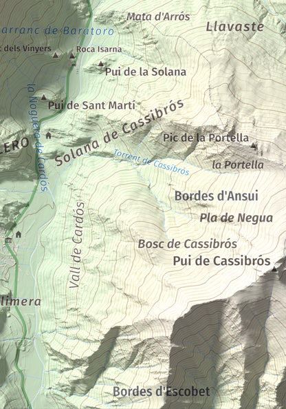 Mapa de relieve de Pui Tabaca, 1718 m, Pallars Sobirà, lámina 100 Cims de Trobart. Detalle de la zona inferior derecha. 21 × 30 cm.