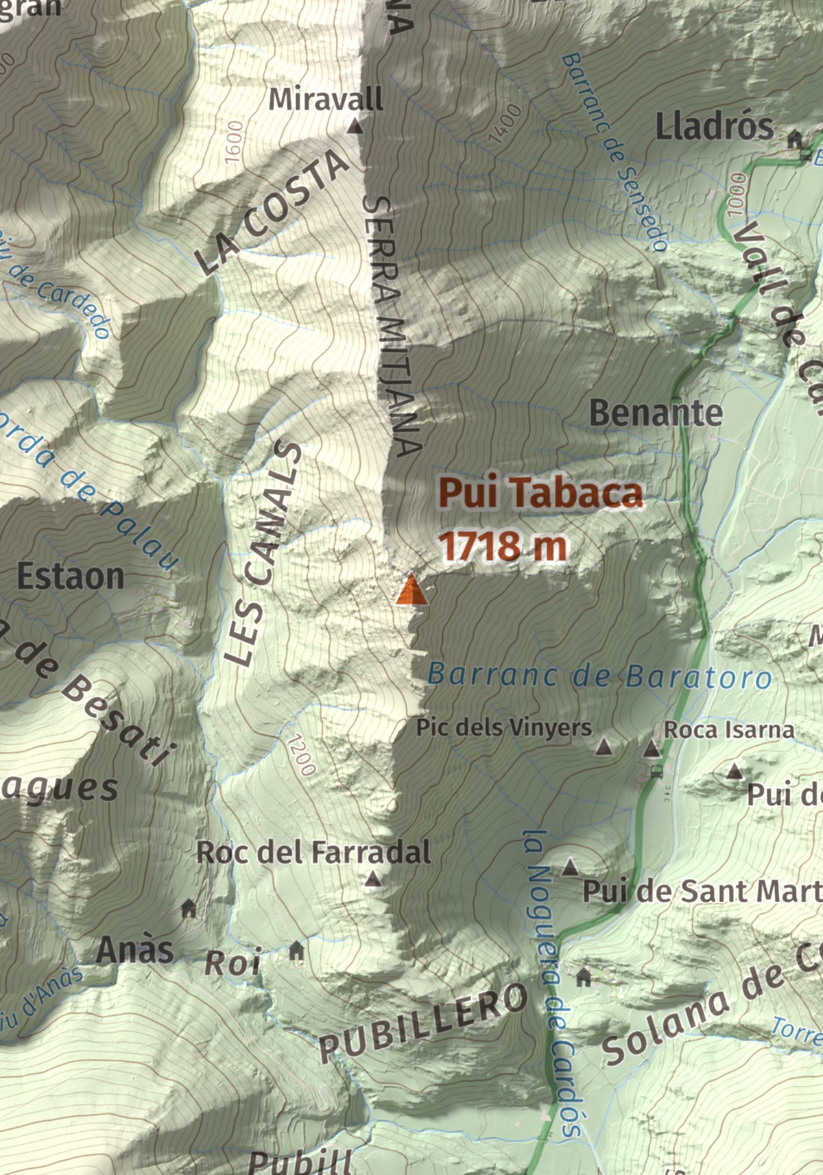 Mapa de relieve de Pui Tabaca, 1718 m, Pallars Sobirà, lámina 100 Cims de Trobart. Detalle de la zona central. 21 × 30 cm.