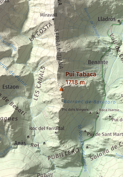 Mapa de relieve de Pui Tabaca, 1718 m, Pallars Sobirà, lámina 100 Cims de Trobart. Detalle de la zona central. 21 × 30 cm.