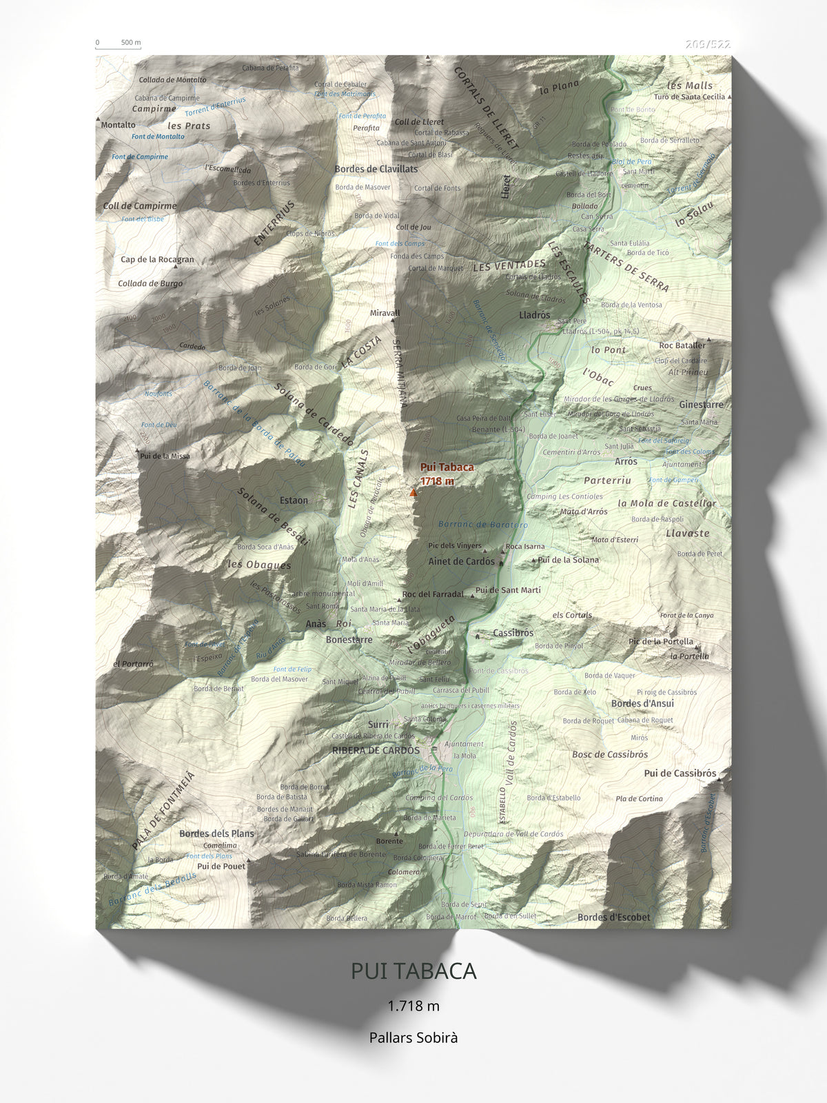 Mapa de relieve de Pui Tabaca, 1718 m, Pallars Sobirà, lámina 100 Cims de Trobart 30 × 40 cm.