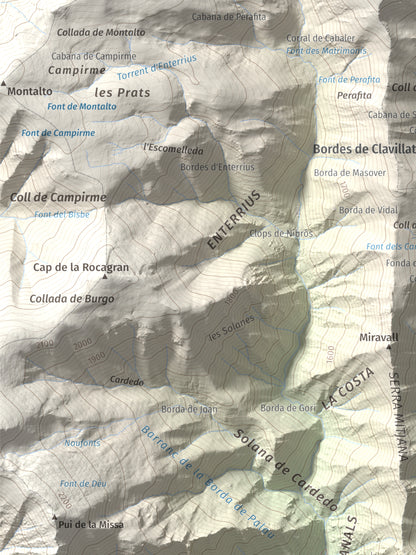 Mapa de relieve de Pui Tabaca, 1718 m, Pallars Sobirà, lámina 100 Cims de Trobart. Detalle de la zona superior izquierda. 30 × 40 cm.