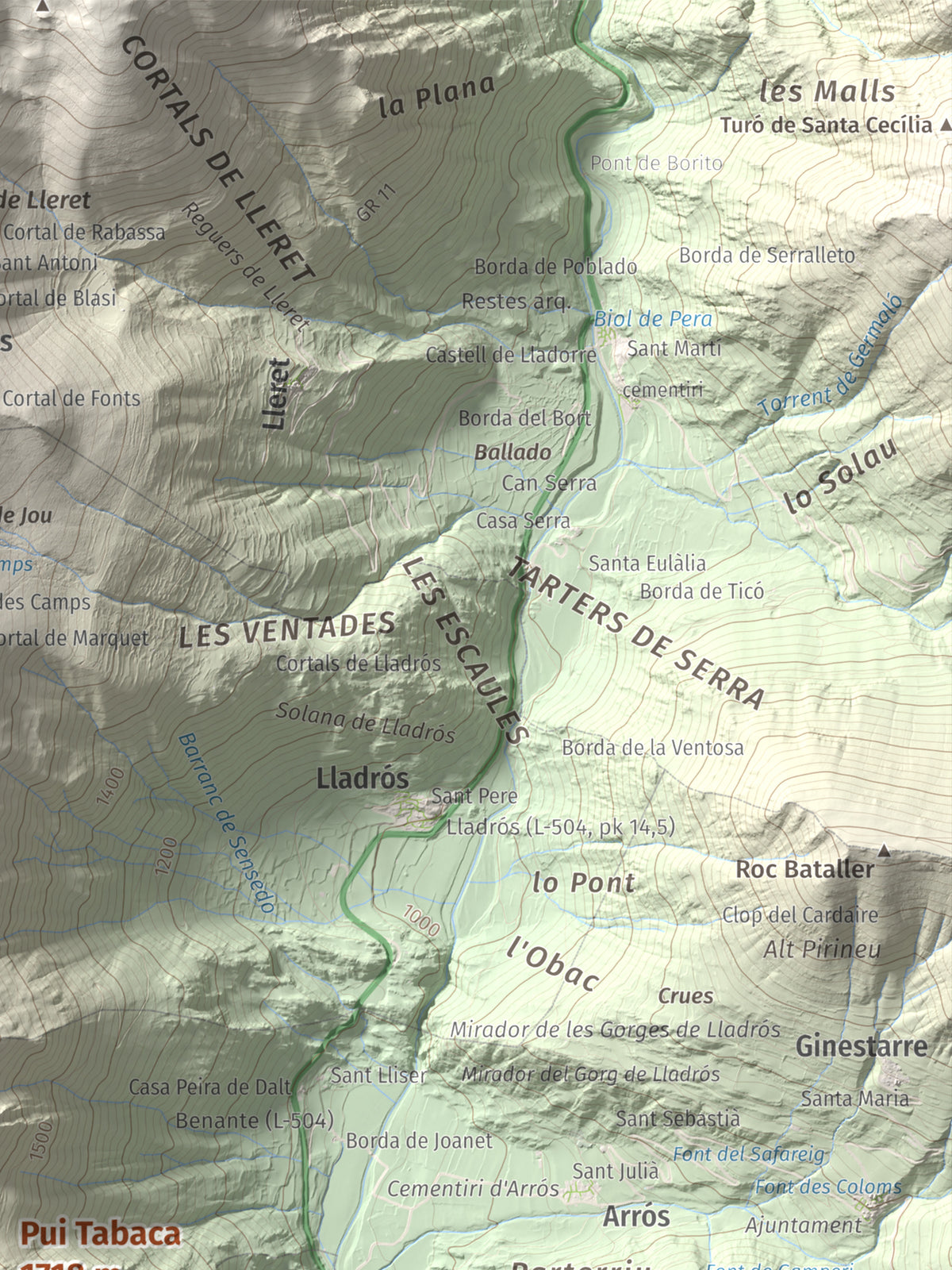 Mapa de relieve de Pui Tabaca, 1718 m, Pallars Sobirà, lámina 100 Cims de Trobart. Detalle de la zona superior derecha. 30 × 40 cm.