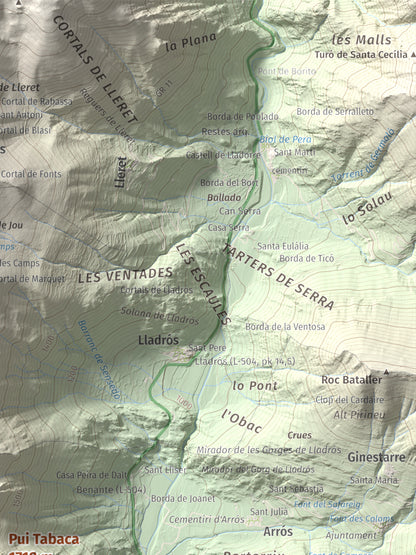 Mapa de relieve de Pui Tabaca, 1718 m, Pallars Sobirà, lámina 100 Cims de Trobart. Detalle de la zona superior derecha. 30 × 40 cm.