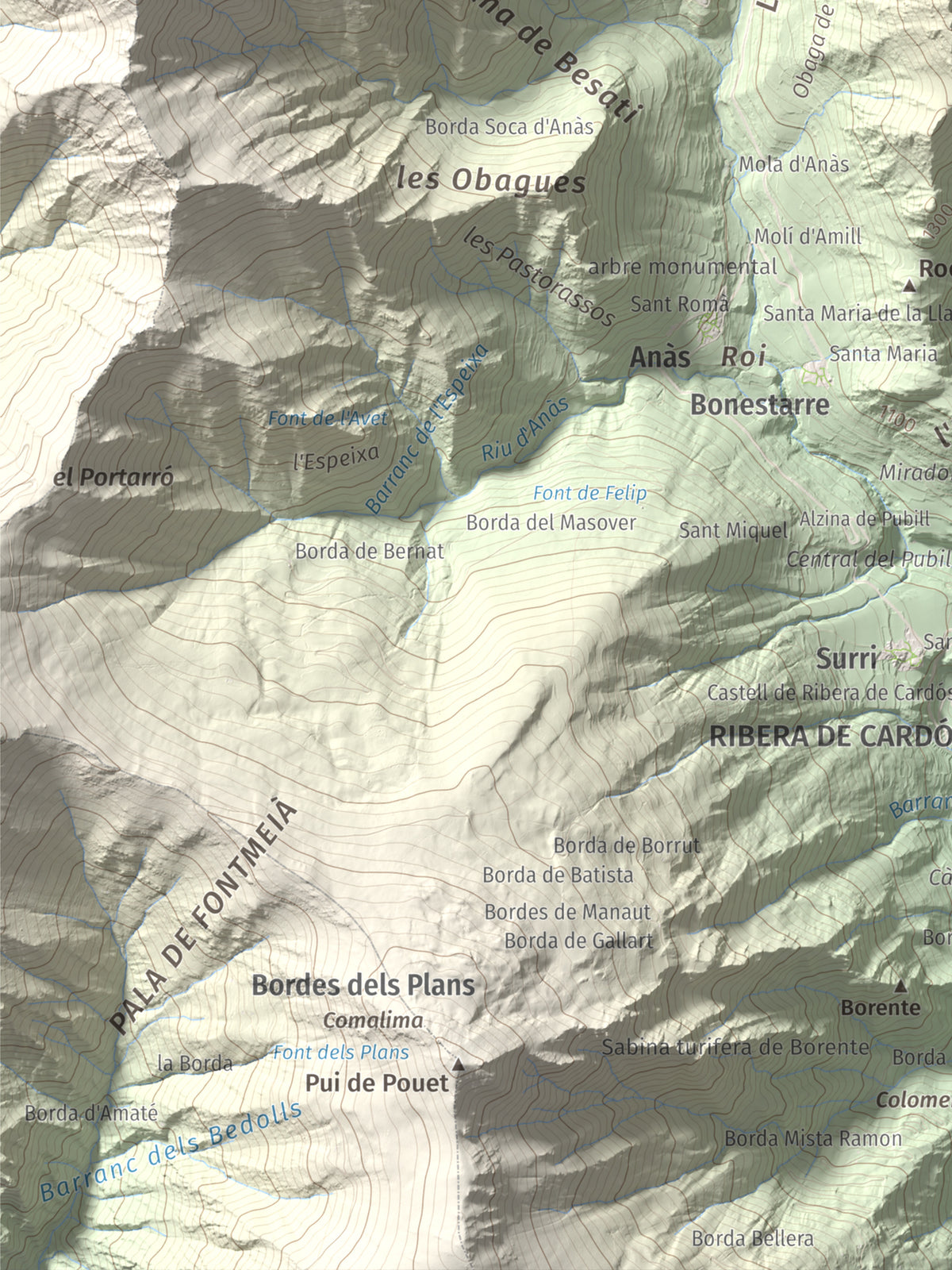 Mapa de relieve de Pui Tabaca, 1718 m, Pallars Sobirà, lámina 100 Cims de Trobart. Detalle de la zona inferior izquierda. 30 × 40 cm.
