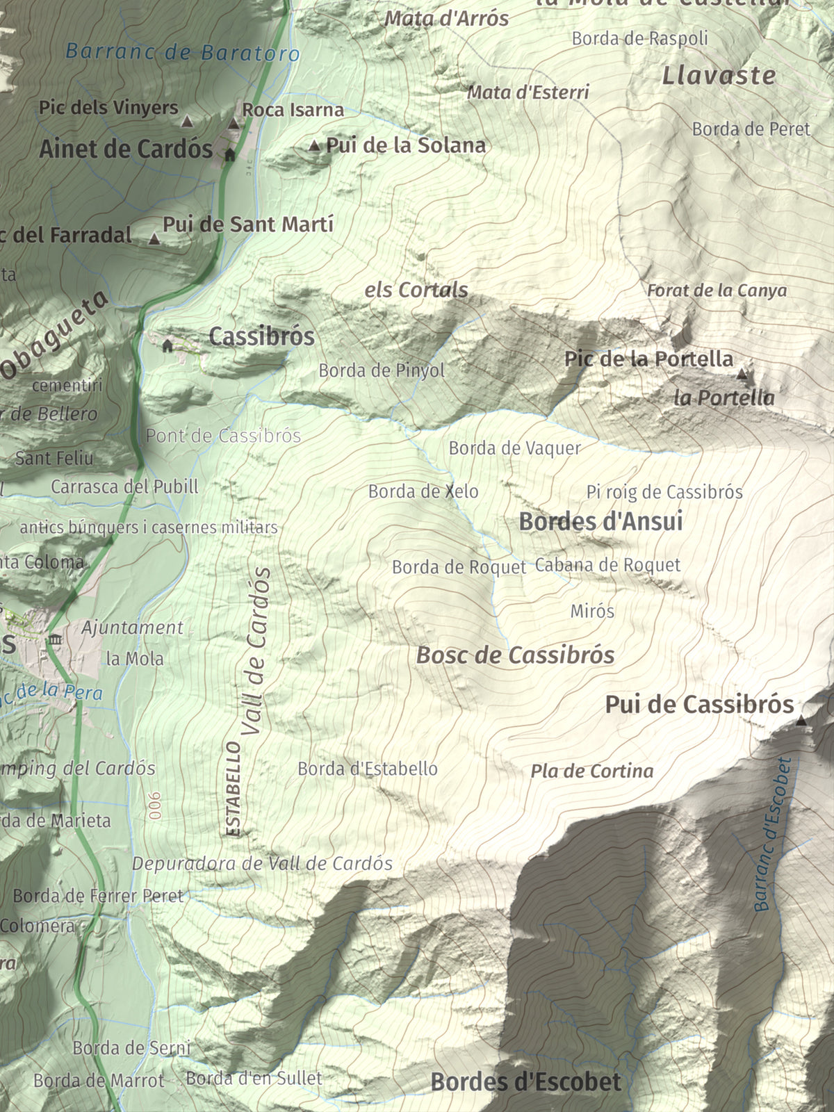 Mapa de relieve de Pui Tabaca, 1718 m, Pallars Sobirà, lámina 100 Cims de Trobart. Detalle de la zona inferior derecha. 30 × 40 cm.