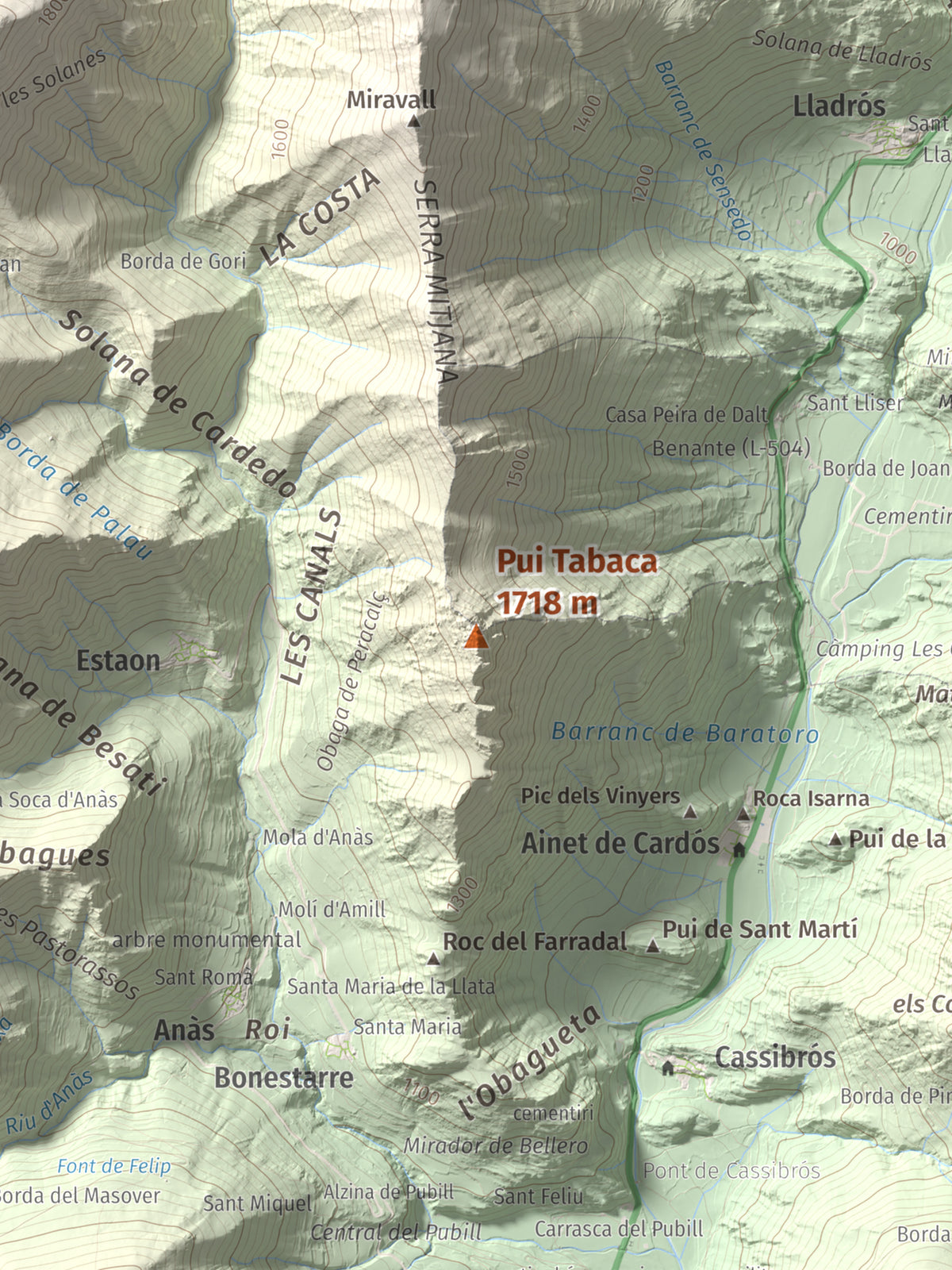 Mapa de relieve de Pui Tabaca, 1718 m, Pallars Sobirà, lámina 100 Cims de Trobart. Detalle de la zona central. 30 × 40 cm.