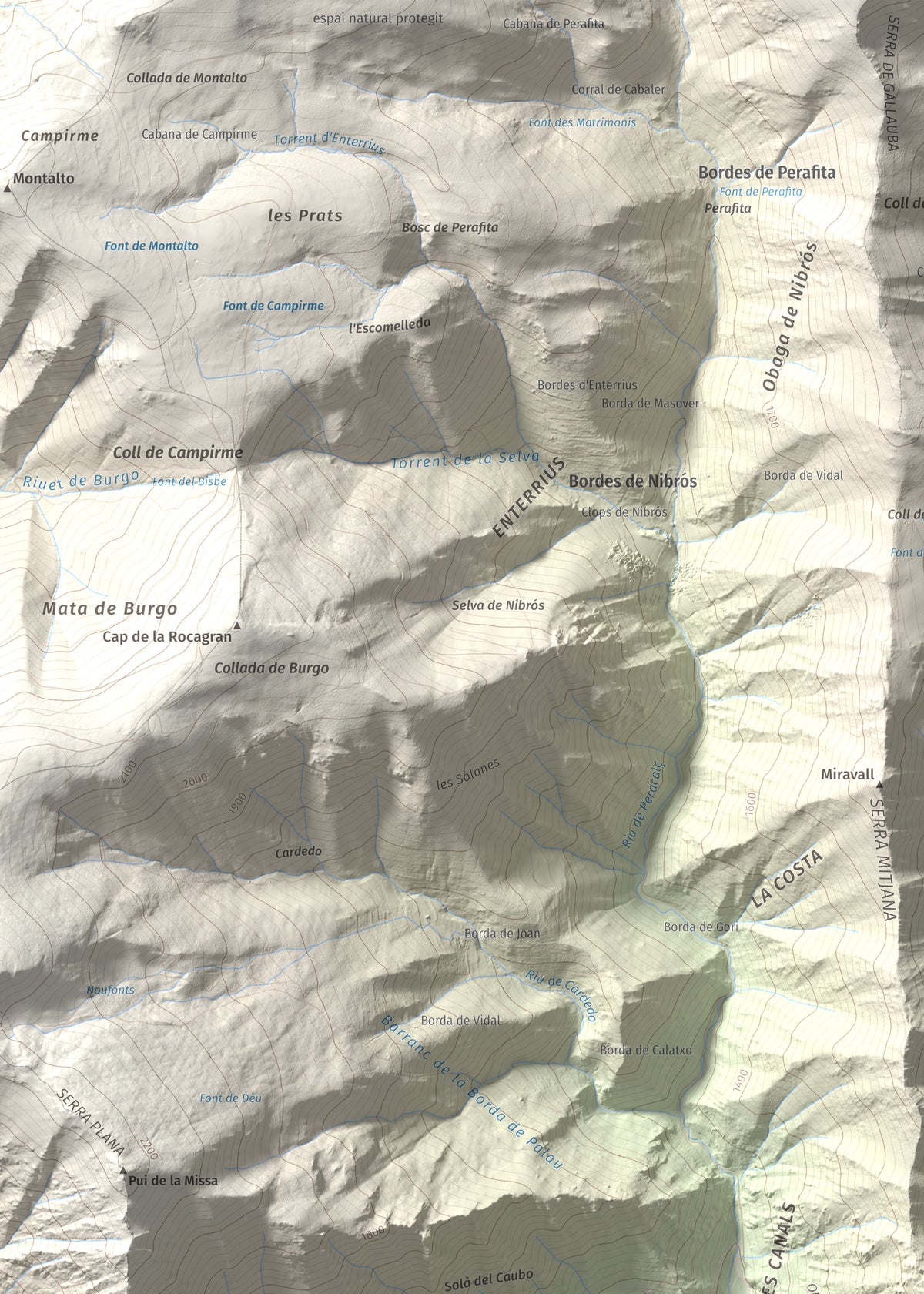 Mapa de relieve de Pui Tabaca, 1718 m, Pallars Sobirà, lámina 100 Cims de Trobart. Detalle de la zona superior izquierda. 50 × 70 cm.