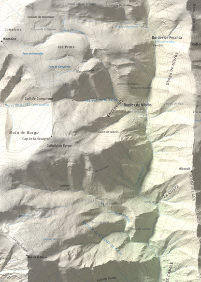 Mapa de relieve de Pui Tabaca, 1718 m, Pallars Sobirà, lámina 100 Cims de Trobart. Detalle de la zona superior izquierda. 50 × 70 cm.