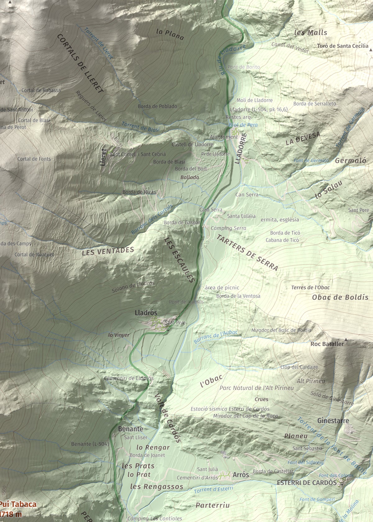 Mapa de relieve de Pui Tabaca, 1718 m, Pallars Sobirà, lámina 100 Cims de Trobart. Detalle de la zona superior derecha. 50 × 70 cm.