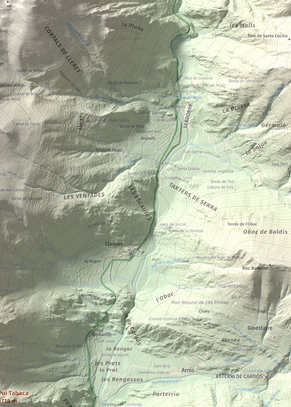 Mapa de relieve de Pui Tabaca, 1718 m, Pallars Sobirà, lámina 100 Cims de Trobart. Detalle de la zona superior derecha. 50 × 70 cm.