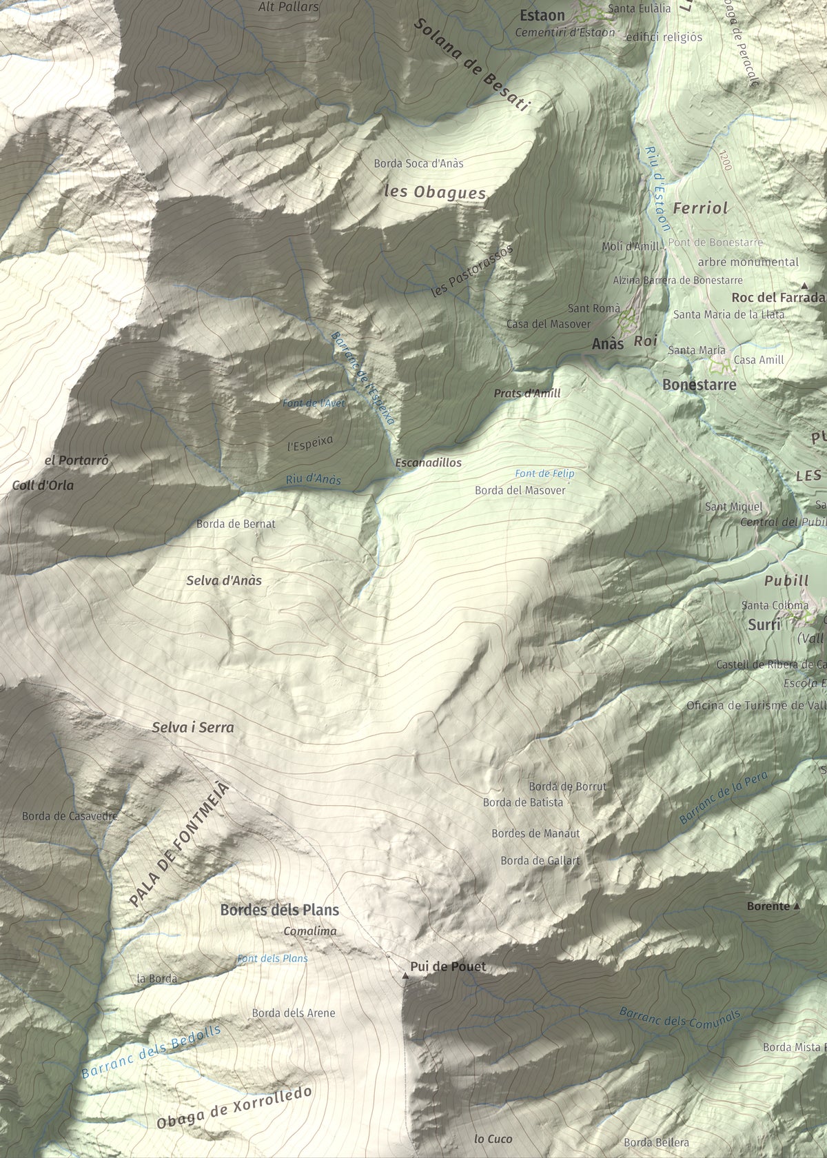 Mapa de relieve de Pui Tabaca, 1718 m, Pallars Sobirà, lámina 100 Cims de Trobart. Detalle de la zona inferior izquierda. 50 × 70 cm.