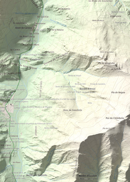 Mapa de relieve de Pui Tabaca, 1718 m, Pallars Sobirà, lámina 100 Cims de Trobart. Detalle de la zona inferior derecha. 50 × 70 cm.