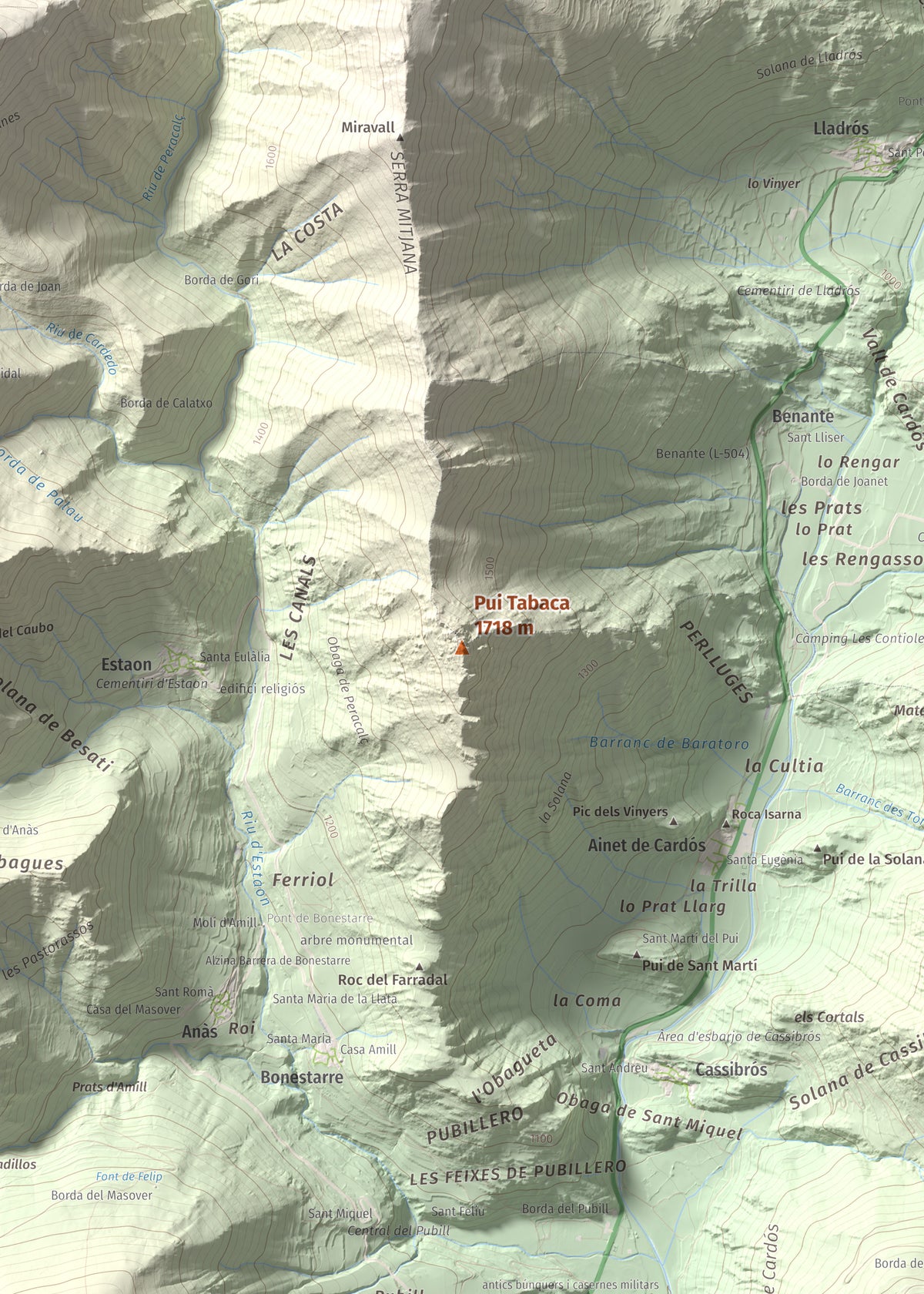 Mapa de relieve de Pui Tabaca, 1718 m, Pallars Sobirà, lámina 100 Cims de Trobart. Detalle de la zona central. 50 × 70 cm.