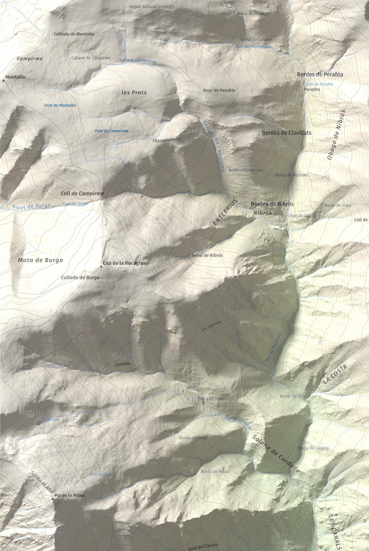 Mapa de relieve de Pui Tabaca, 1718 m, Pallars Sobirà, lámina 100 Cims de Trobart. Detalle de la zona superior izquierda. 61 × 91 cm.