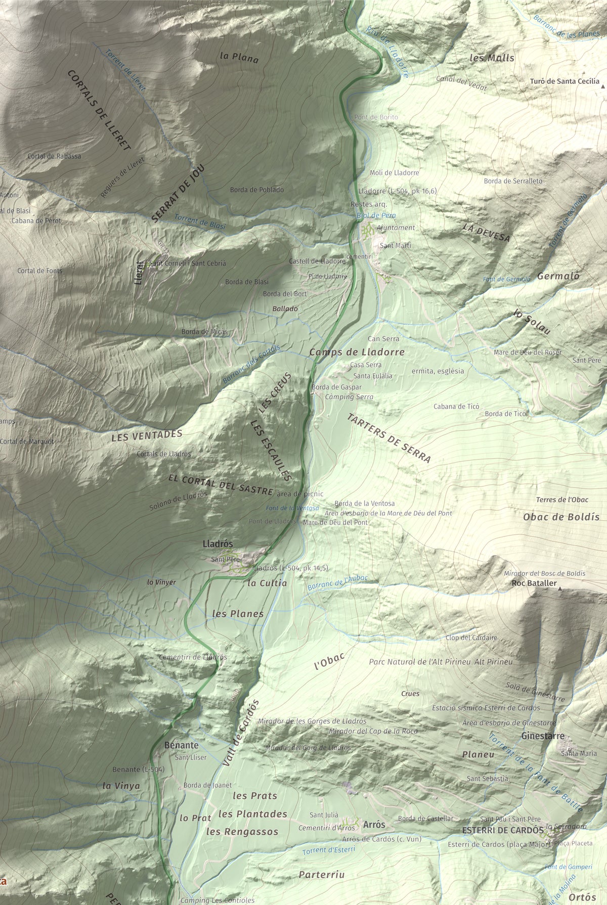 Mapa de relieve de Pui Tabaca, 1718 m, Pallars Sobirà, lámina 100 Cims de Trobart. Detalle de la zona superior derecha. 61 × 91 cm.