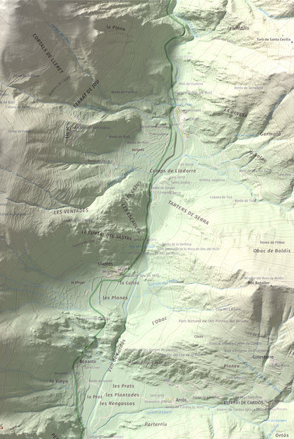 Mapa de relieve de Pui Tabaca, 1718 m, Pallars Sobirà, lámina 100 Cims de Trobart. Detalle de la zona superior derecha. 61 × 91 cm.