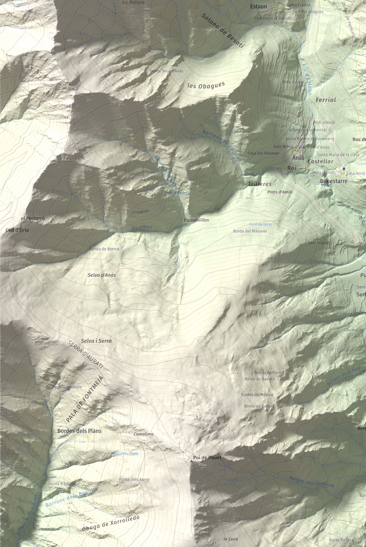 Mapa de relieve de Pui Tabaca, 1718 m, Pallars Sobirà, lámina 100 Cims de Trobart. Detalle de la zona inferior izquierda. 61 × 91 cm.