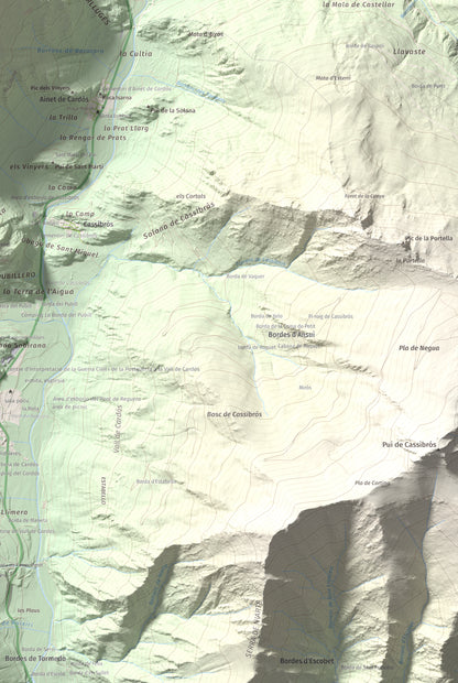 Mapa de relieve de Pui Tabaca, 1718 m, Pallars Sobirà, lámina 100 Cims de Trobart. Detalle de la zona inferior derecha. 61 × 91 cm.