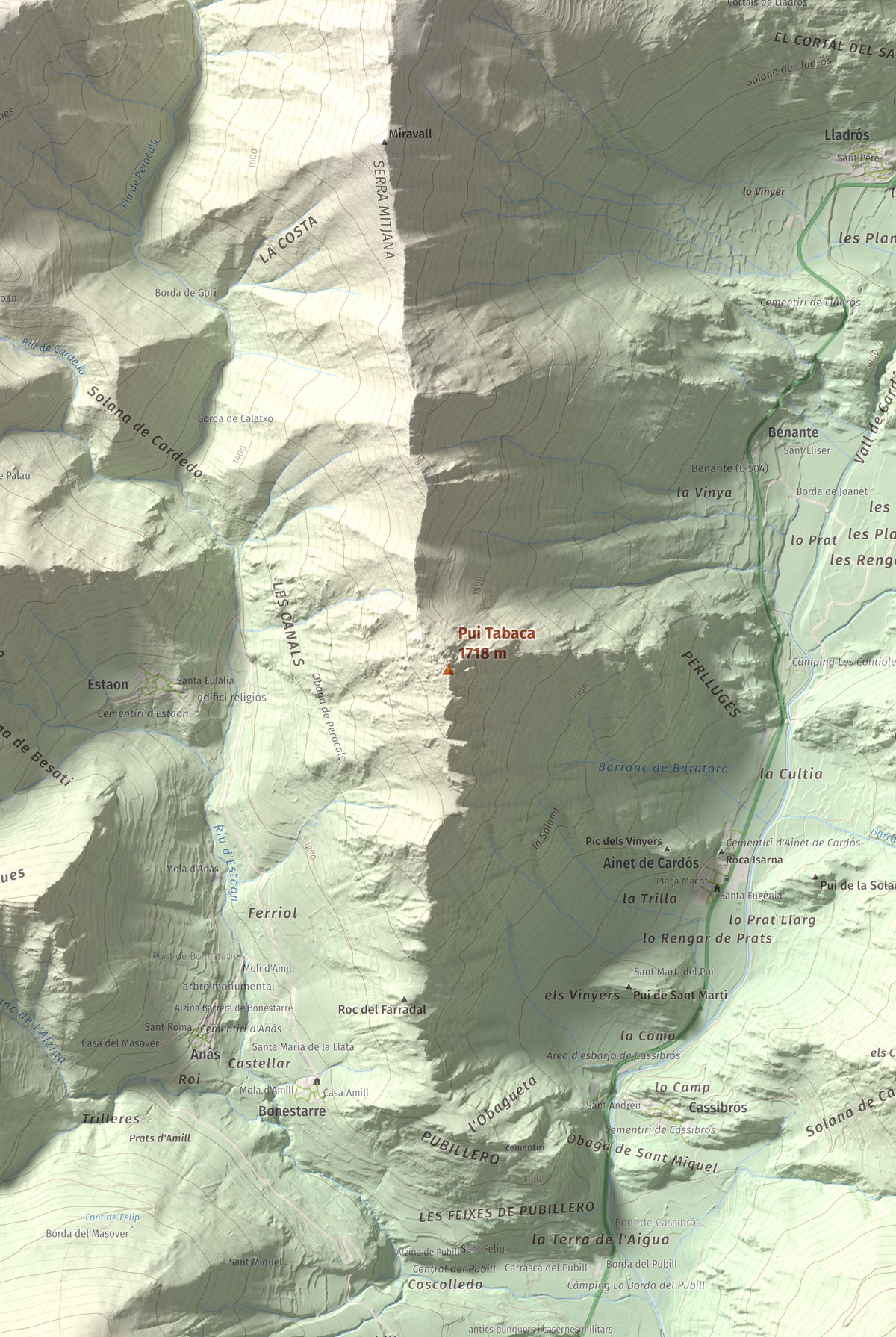Mapa de relieve de Pui Tabaca, 1718 m, Pallars Sobirà, lámina 100 Cims de Trobart. Detalle de la zona central. 61 × 91 cm.