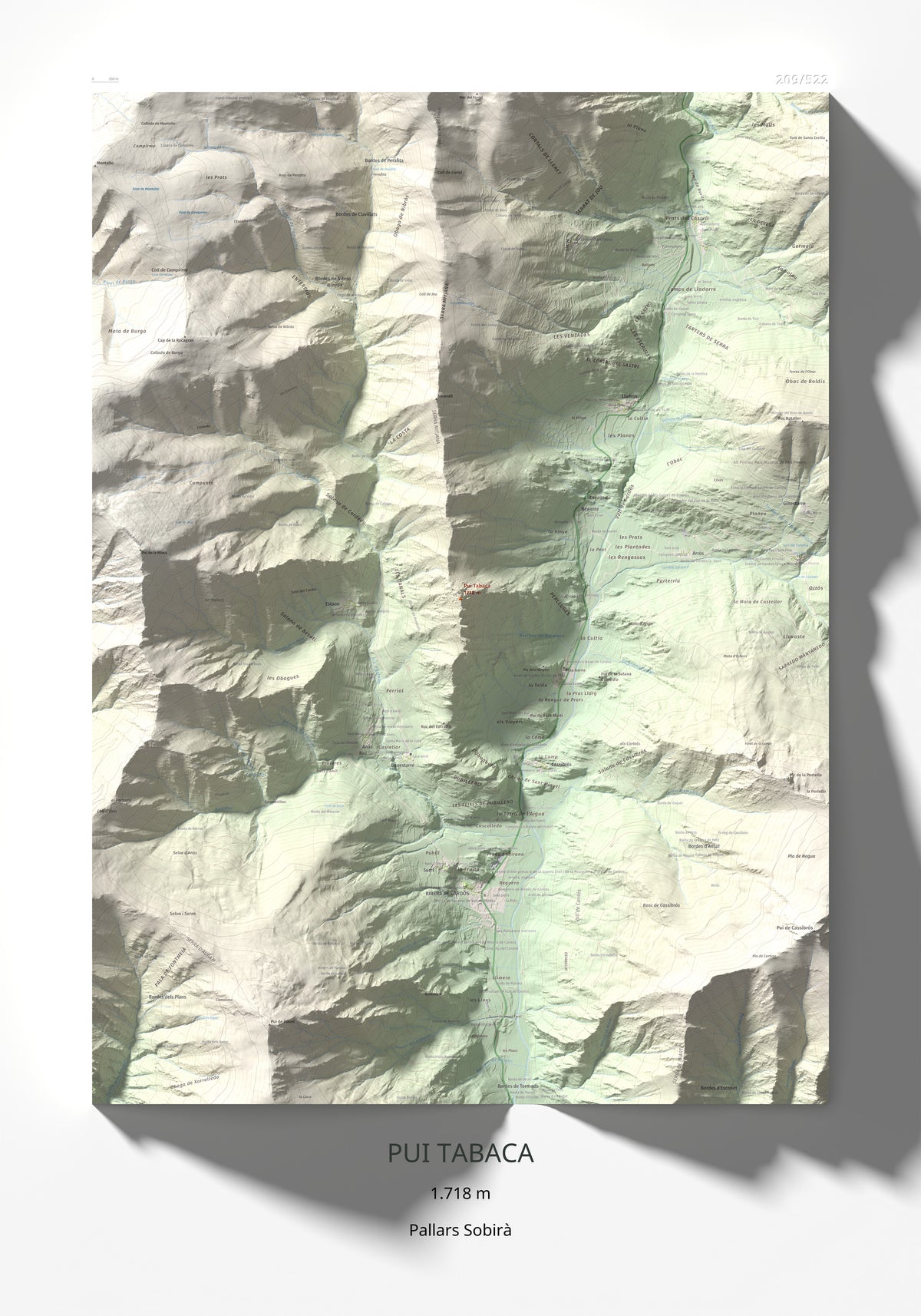 Mapa de relieve de Pui Tabaca, 1718 m, Pallars Sobirà, lámina 100 Cims de Trobart 70 × 100 cm.