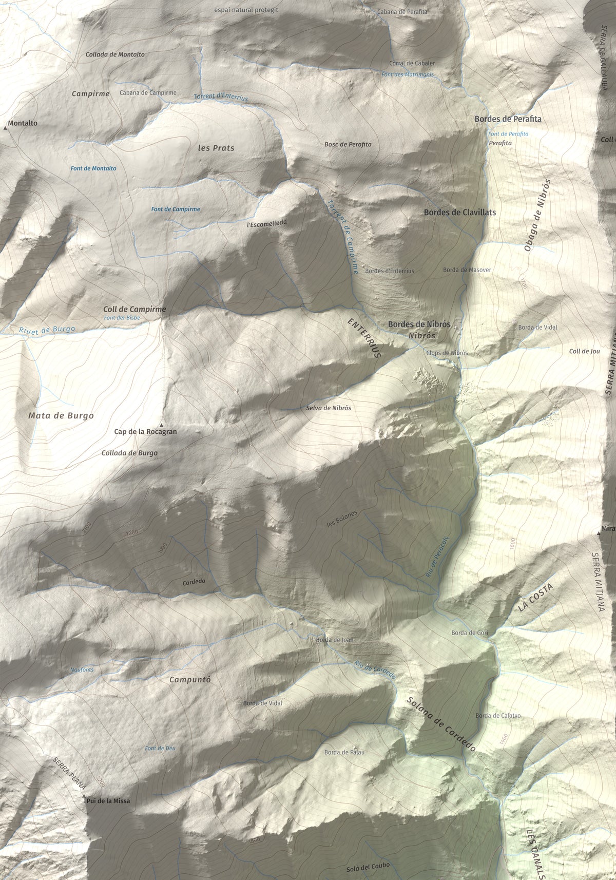 Mapa de relieve de Pui Tabaca, 1718 m, Pallars Sobirà, lámina 100 Cims de Trobart. Detalle de la zona superior izquierda. 70 × 100 cm.