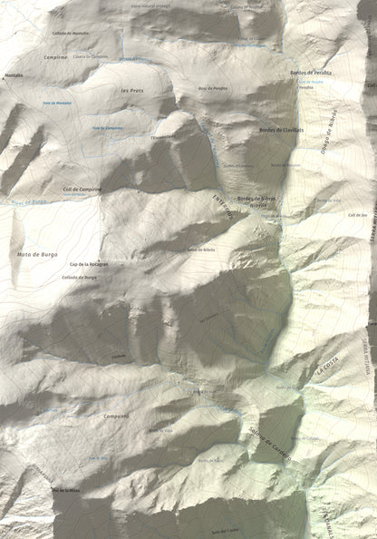 Mapa de relieve de Pui Tabaca, 1718 m, Pallars Sobirà, lámina 100 Cims de Trobart. Detalle de la zona superior izquierda. 70 × 100 cm.