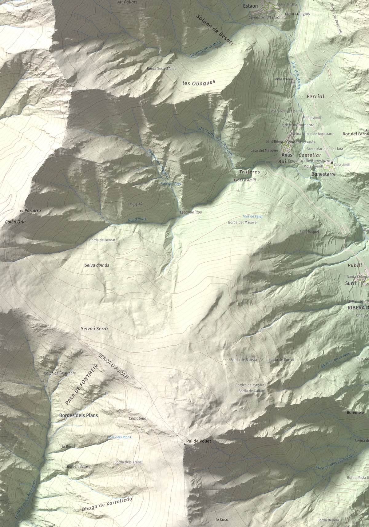 Mapa de relieve de Pui Tabaca, 1718 m, Pallars Sobirà, lámina 100 Cims de Trobart. Detalle de la zona inferior izquierda. 70 × 100 cm.