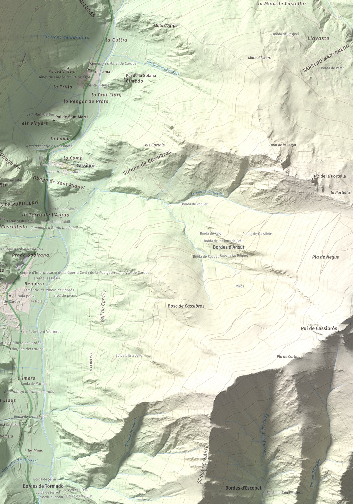 Mapa de relieve de Pui Tabaca, 1718 m, Pallars Sobirà, lámina 100 Cims de Trobart. Detalle de la zona inferior derecha. 70 × 100 cm.