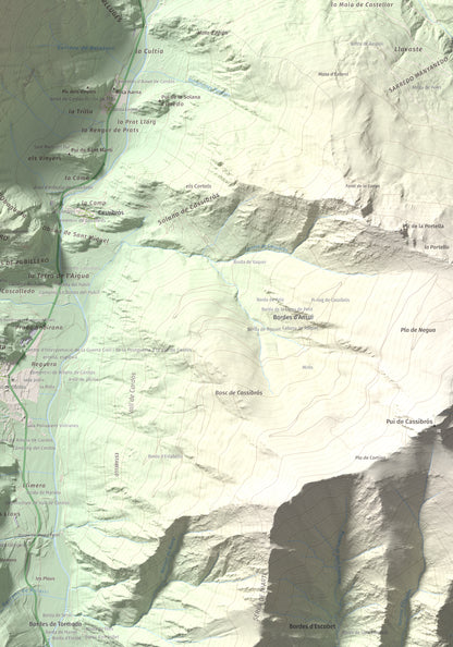 Mapa de relieve de Pui Tabaca, 1718 m, Pallars Sobirà, lámina 100 Cims de Trobart. Detalle de la zona inferior derecha. 70 × 100 cm.