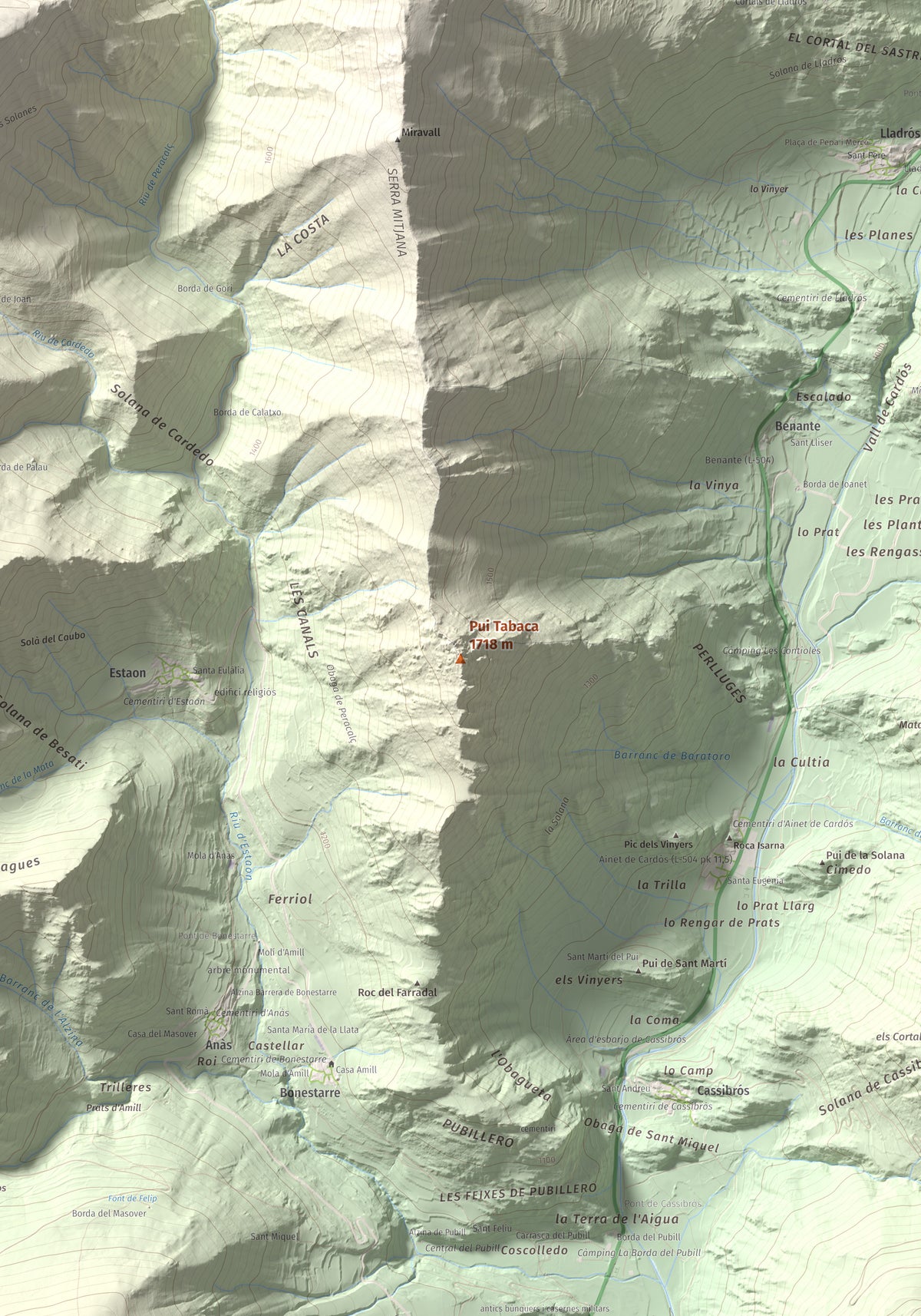 Mapa de relieve de Pui Tabaca, 1718 m, Pallars Sobirà, lámina 100 Cims de Trobart. Detalle de la zona central. 70 × 100 cm.