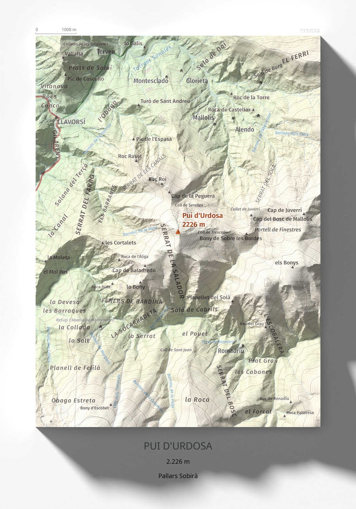 Mapa de relieve de Pui d'Urdosa, 2226 m, Pallars Sobirà, lámina 100 Cims de Trobart 21 × 30 cm.