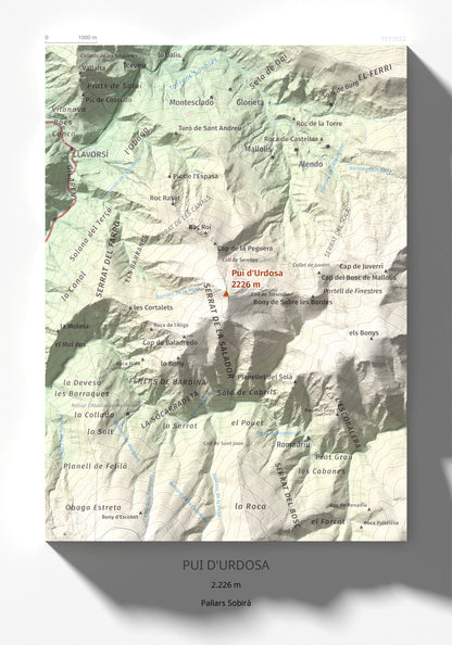 Mapa de relieve de Pui d'Urdosa, 2226 m, Pallars Sobirà, lámina 100 Cims de Trobart 21 × 30 cm.