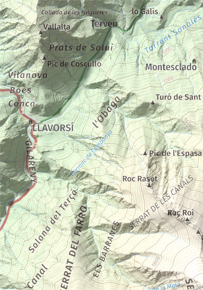 Mapa de relieve de Pui d'Urdosa, 2226 m, Pallars Sobirà, lámina 100 Cims de Trobart. Detalle de la zona superior izquierda. 21 × 30 cm.