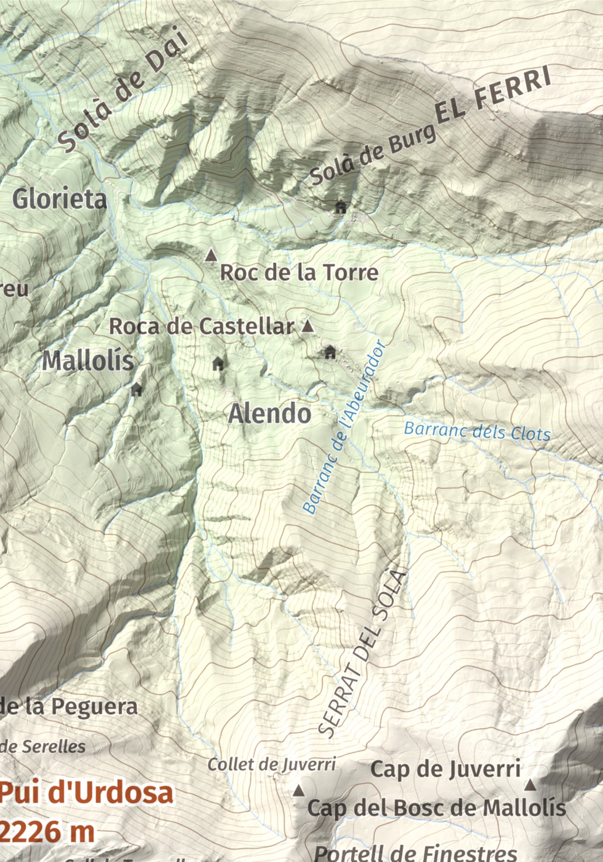 Mapa de relieve de Pui d'Urdosa, 2226 m, Pallars Sobirà, lámina 100 Cims de Trobart. Detalle de la zona superior derecha. 21 × 30 cm.
