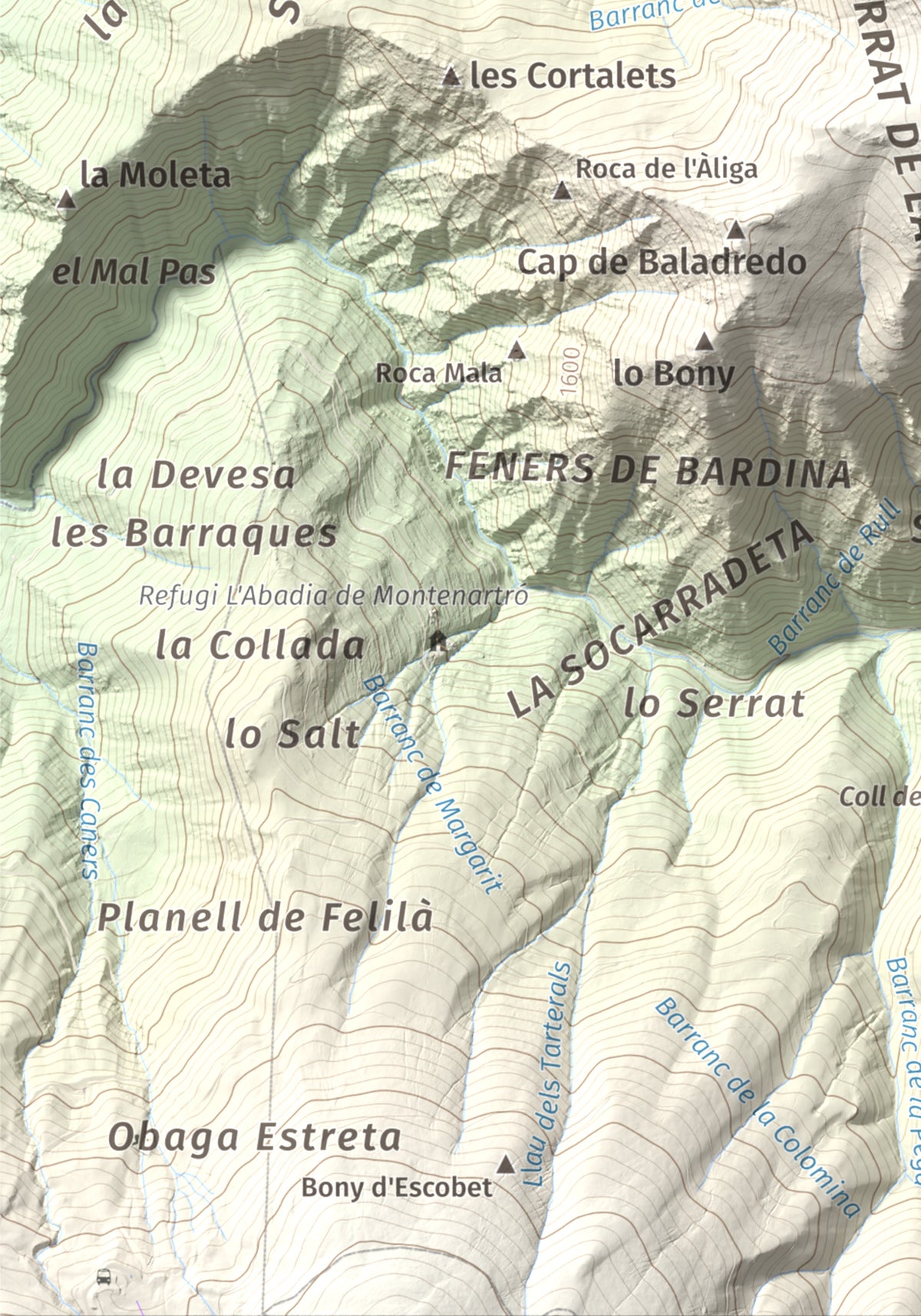 Mapa de relieve de Pui d'Urdosa, 2226 m, Pallars Sobirà, lámina 100 Cims de Trobart. Detalle de la zona inferior izquierda. 21 × 30 cm.
