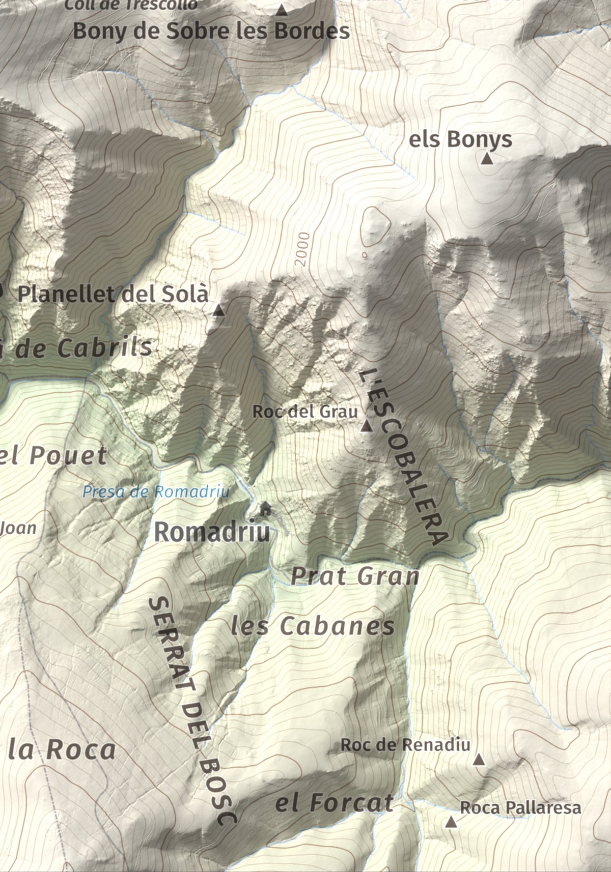Mapa de relieve de Pui d'Urdosa, 2226 m, Pallars Sobirà, lámina 100 Cims de Trobart. Detalle de la zona inferior derecha. 21 × 30 cm.
