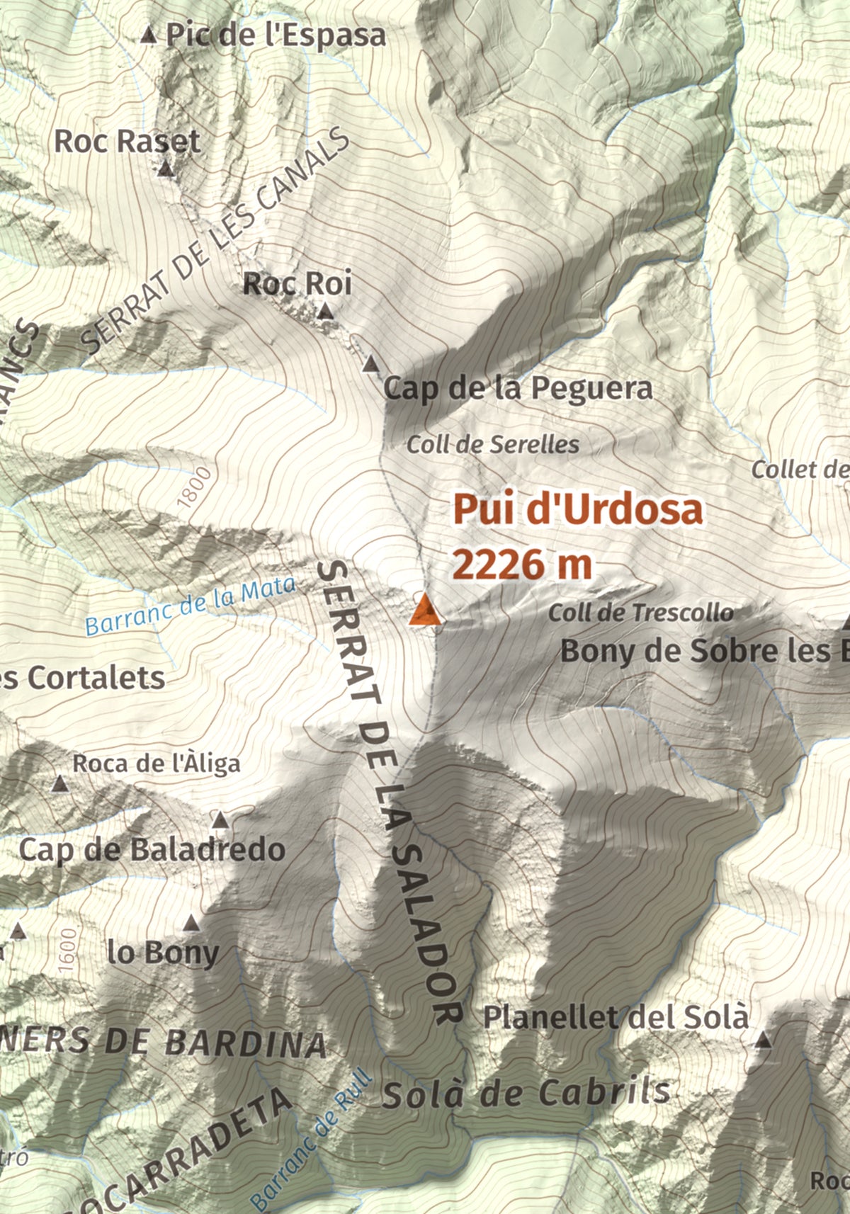 Mapa de relieve de Pui d'Urdosa, 2226 m, Pallars Sobirà, lámina 100 Cims de Trobart. Detalle de la zona central. 21 × 30 cm.