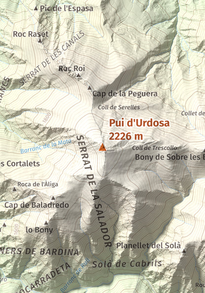 Mapa de relieve de Pui d'Urdosa, 2226 m, Pallars Sobirà, lámina 100 Cims de Trobart. Detalle de la zona central. 21 × 30 cm.