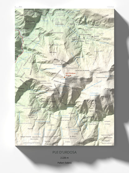Mapa de relieve de Pui d'Urdosa, 2226 m, Pallars Sobirà, lámina 100 Cims de Trobart 30 × 40 cm.