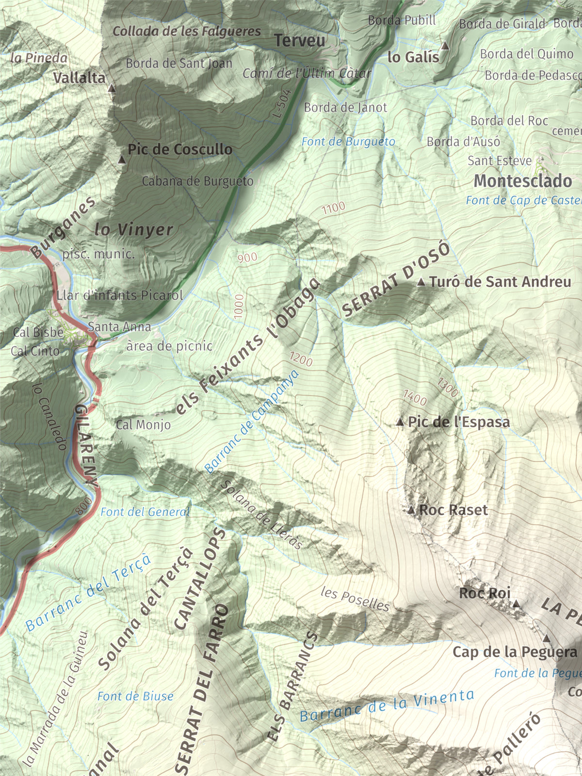 Mapa de relieve de Pui d'Urdosa, 2226 m, Pallars Sobirà, lámina 100 Cims de Trobart. Detalle de la zona superior izquierda. 30 × 40 cm.