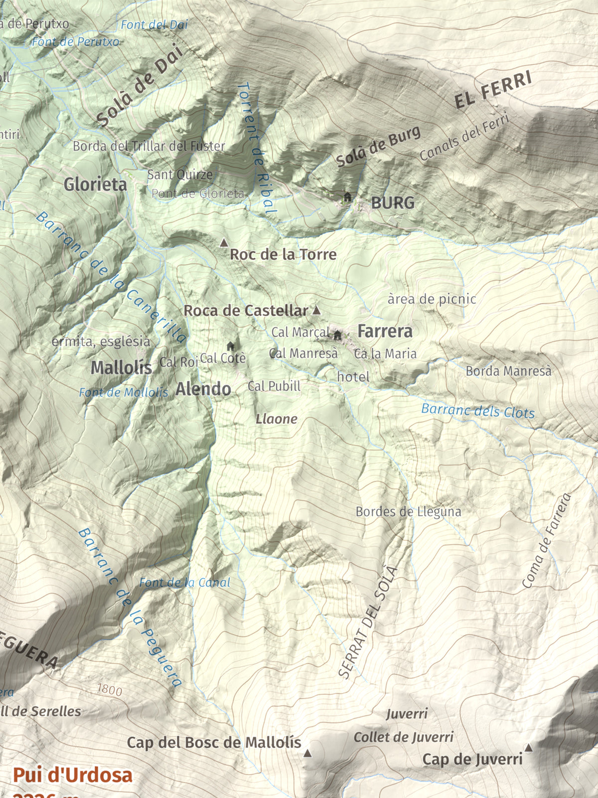 Mapa de relieve de Pui d'Urdosa, 2226 m, Pallars Sobirà, lámina 100 Cims de Trobart. Detalle de la zona superior derecha. 30 × 40 cm.