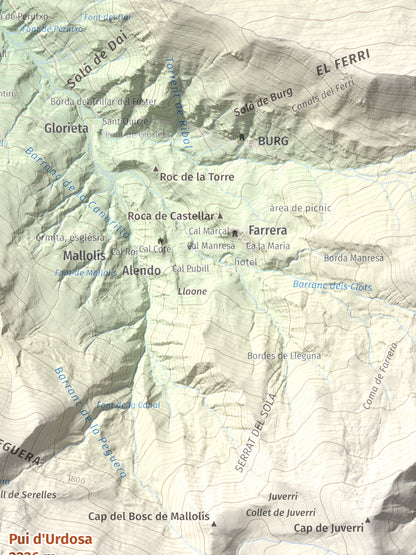 Mapa de relieve de Pui d'Urdosa, 2226 m, Pallars Sobirà, lámina 100 Cims de Trobart. Detalle de la zona superior derecha. 30 × 40 cm.