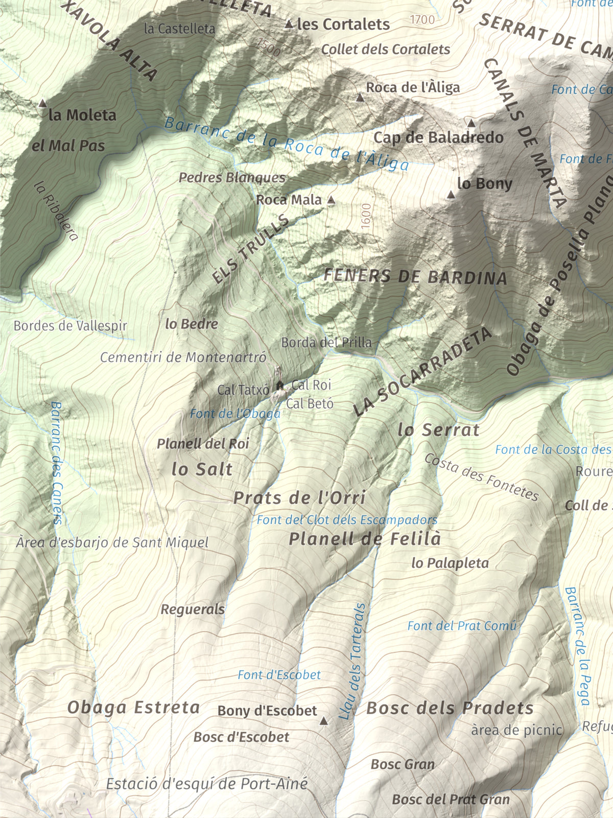 Mapa de relieve de Pui d'Urdosa, 2226 m, Pallars Sobirà, lámina 100 Cims de Trobart. Detalle de la zona inferior izquierda. 30 × 40 cm.