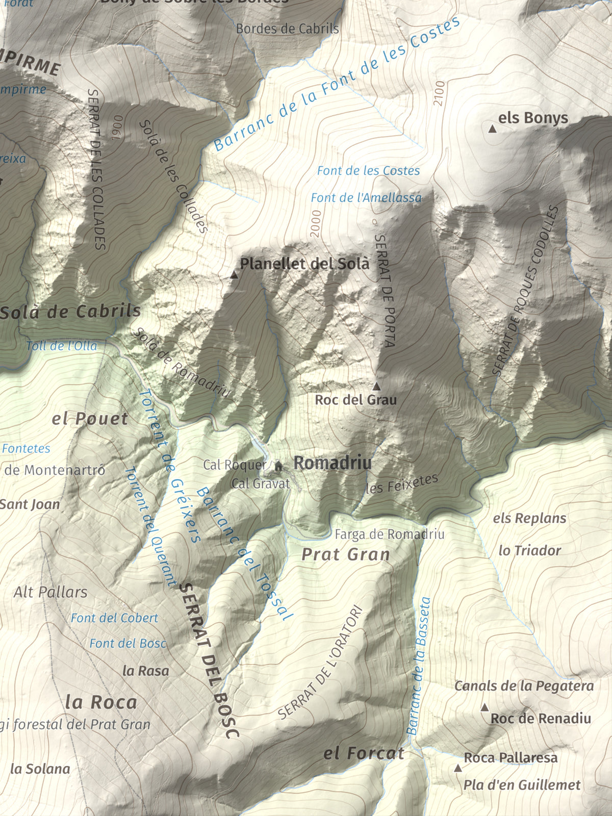 Mapa de relieve de Pui d'Urdosa, 2226 m, Pallars Sobirà, lámina 100 Cims de Trobart. Detalle de la zona inferior derecha. 30 × 40 cm.