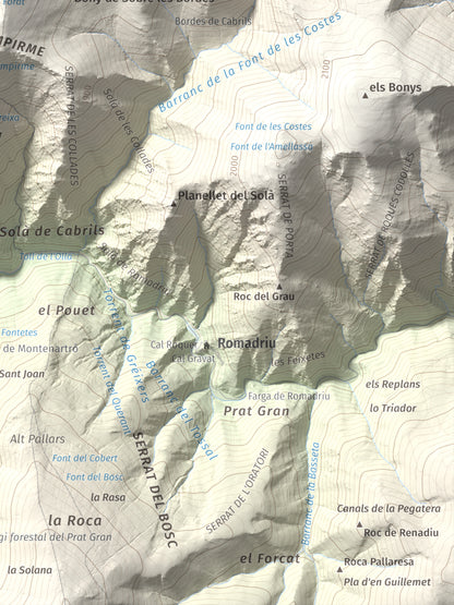 Mapa de relieve de Pui d'Urdosa, 2226 m, Pallars Sobirà, lámina 100 Cims de Trobart. Detalle de la zona inferior derecha. 30 × 40 cm.